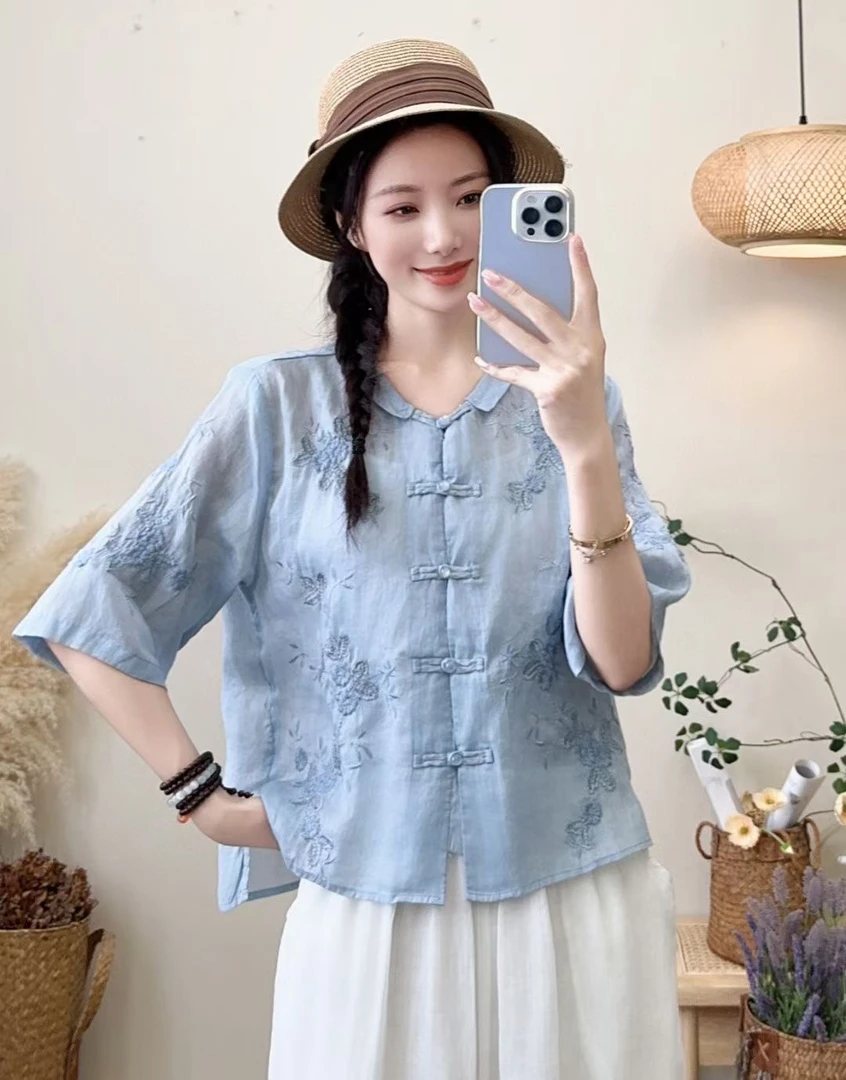 夏季印花盘扣苎麻小衫女复古文艺气质款刺绣提花衬衣衬衫