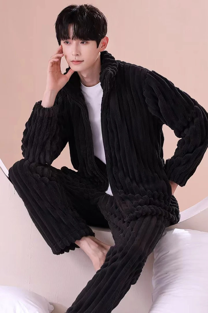 珊瑚绒睡衣男士秋冬季加绒加大保暖长袖大码男士法兰绒家居服套装