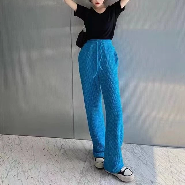 2024直筒新款拖地裤彩色棉针织带兜松紧腰抽绳高腰洋气显瘦时尚