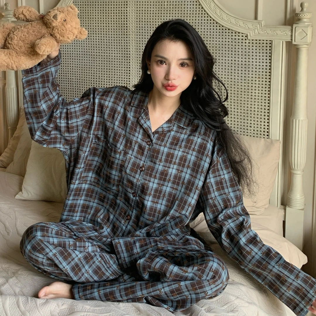 复古格子衬衫女设计感2024春秋季新款韩版bf休闲睡衣女可外穿套装