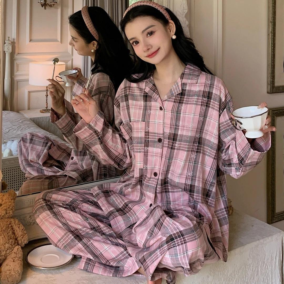 【GZ粉雾蝴蝶】粉色格子衬衫睡衣女春秋季2025年长袖长裤家居服套装