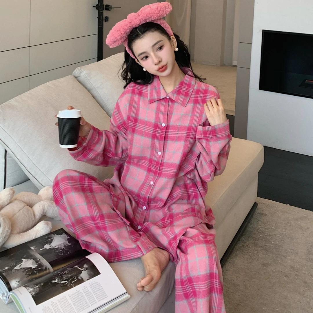 2025新款衬衫粉色格子睡衣高级感春秋款长袖长裤可外穿家居服套装