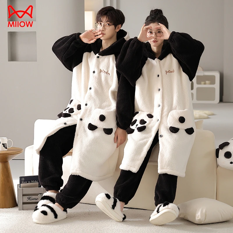 猫人情侣睡衣睡袍女秋冬珊瑚绒中长款连帽男卡通大码家居服套装