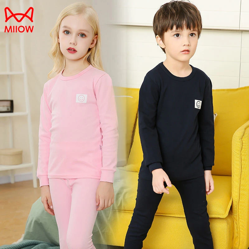 MiiOW/猫人精梳棉保暖内衣套装秋衣秋裤加厚植绒儿童睡衣线衣线裤