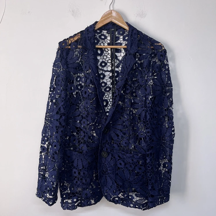 量少 深蓝色重工刺绣镂空宫廷华丽图腾拜占庭男主休闲外套西服装