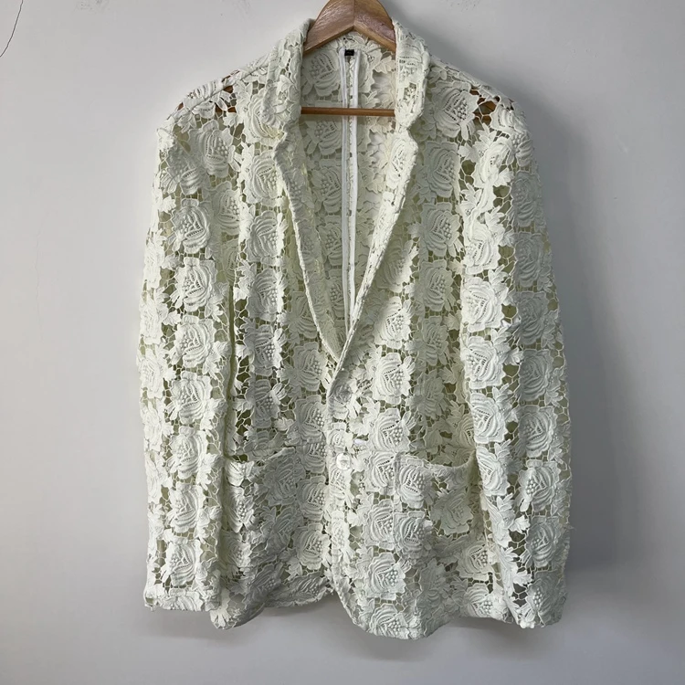 白色重工水溶刺绣镂空华丽高端设计师性感大牌男装休闲外套西服装