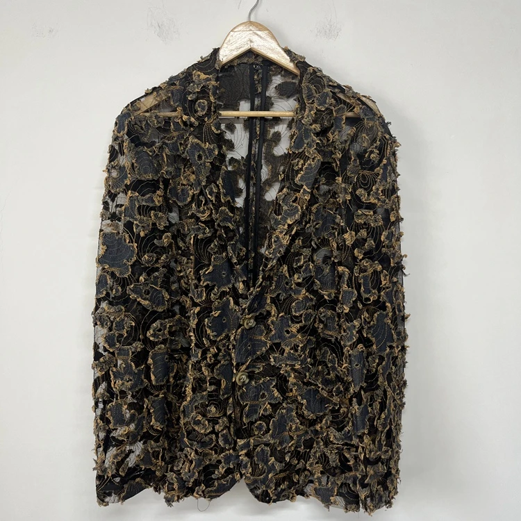 复古做脏做旧牛仔网纱透视乞丐破烂男装暗黑系先锋休闲外套西服装