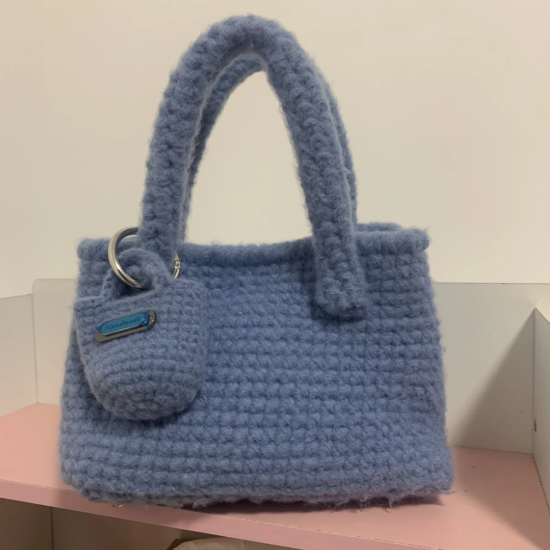 绒绒线包包手提包手工钩织毛线钩织定制蓝色手工编织包包无纺布