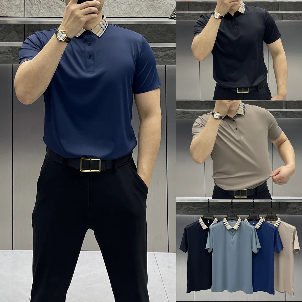 夏季商务休闲polo衫男士百搭透气弹力针织领时尚轻奢冰丝短袖T恤
