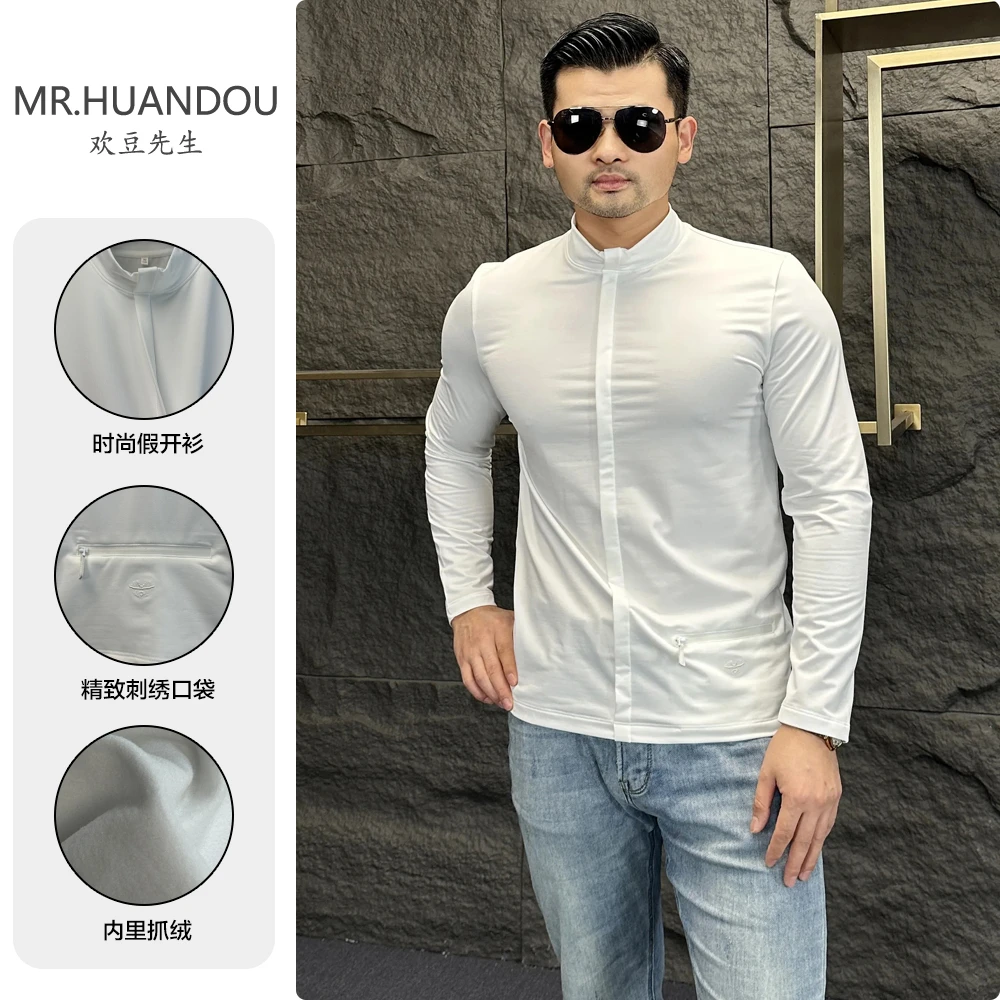 秋冬休闲加薄绒保暖舒适半高领长袖T恤男纯色时尚百搭弹力打底衫