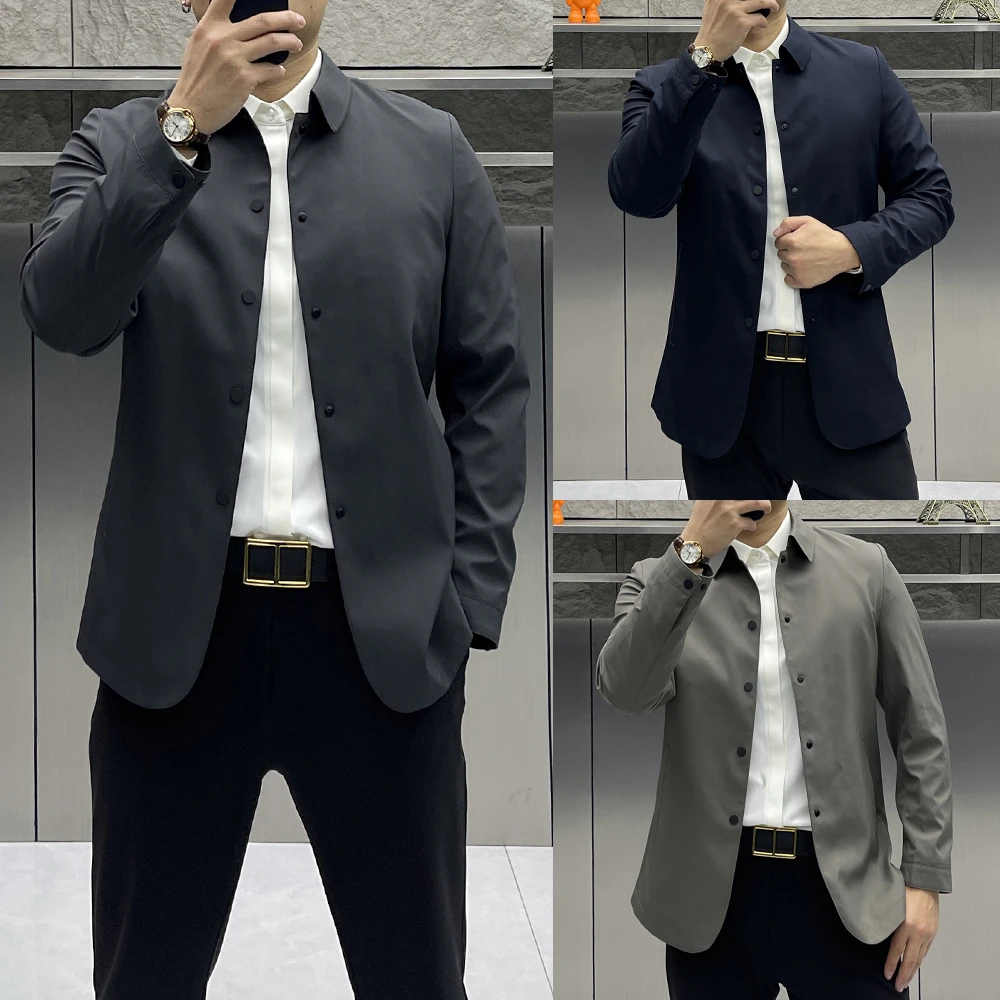 春装新款商务休闲夹克男士纯色外套百搭翻领纯色短款上衣