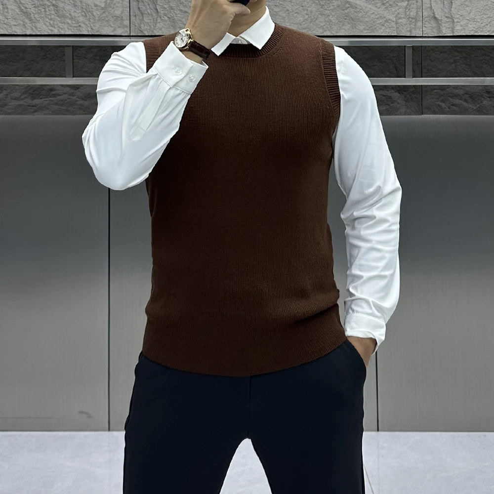 春秋新款商务休闲男士圆领针织背心纯色高档弹力简约时尚无袖马甲