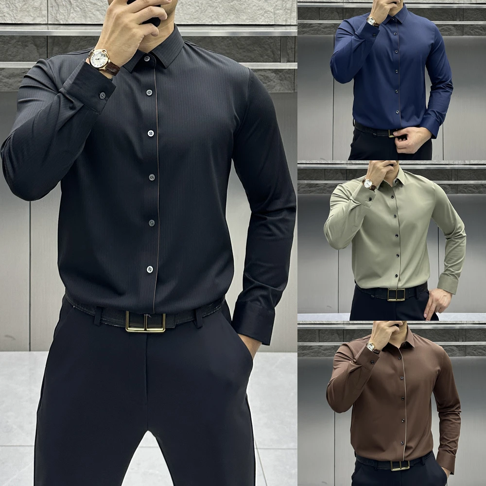 秋冬新款商务休闲撞色门襟长袖衬衫男士无痕百搭暗纹弹力免烫衬衣