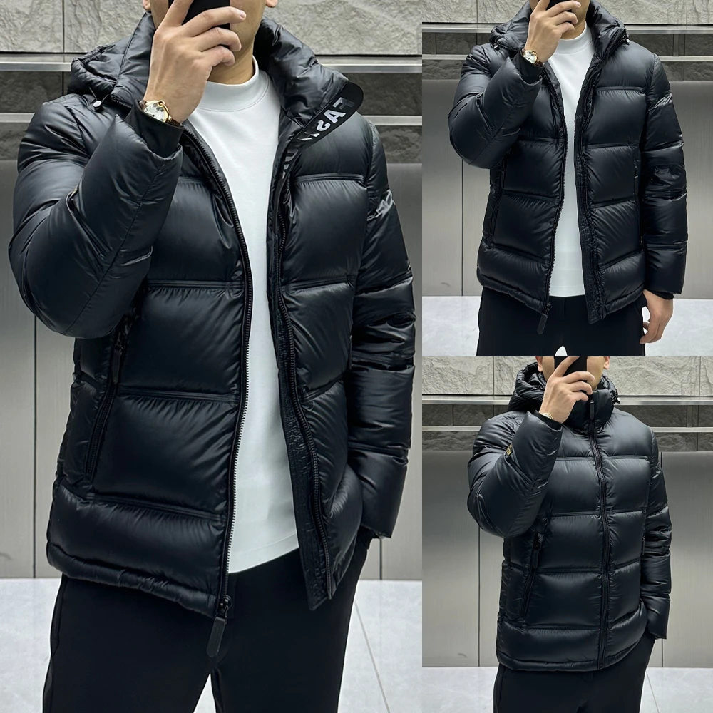 冬季户外可拆卸连帽加厚保暖白鸭绒羽绒服防风黑金短款男时尚外套