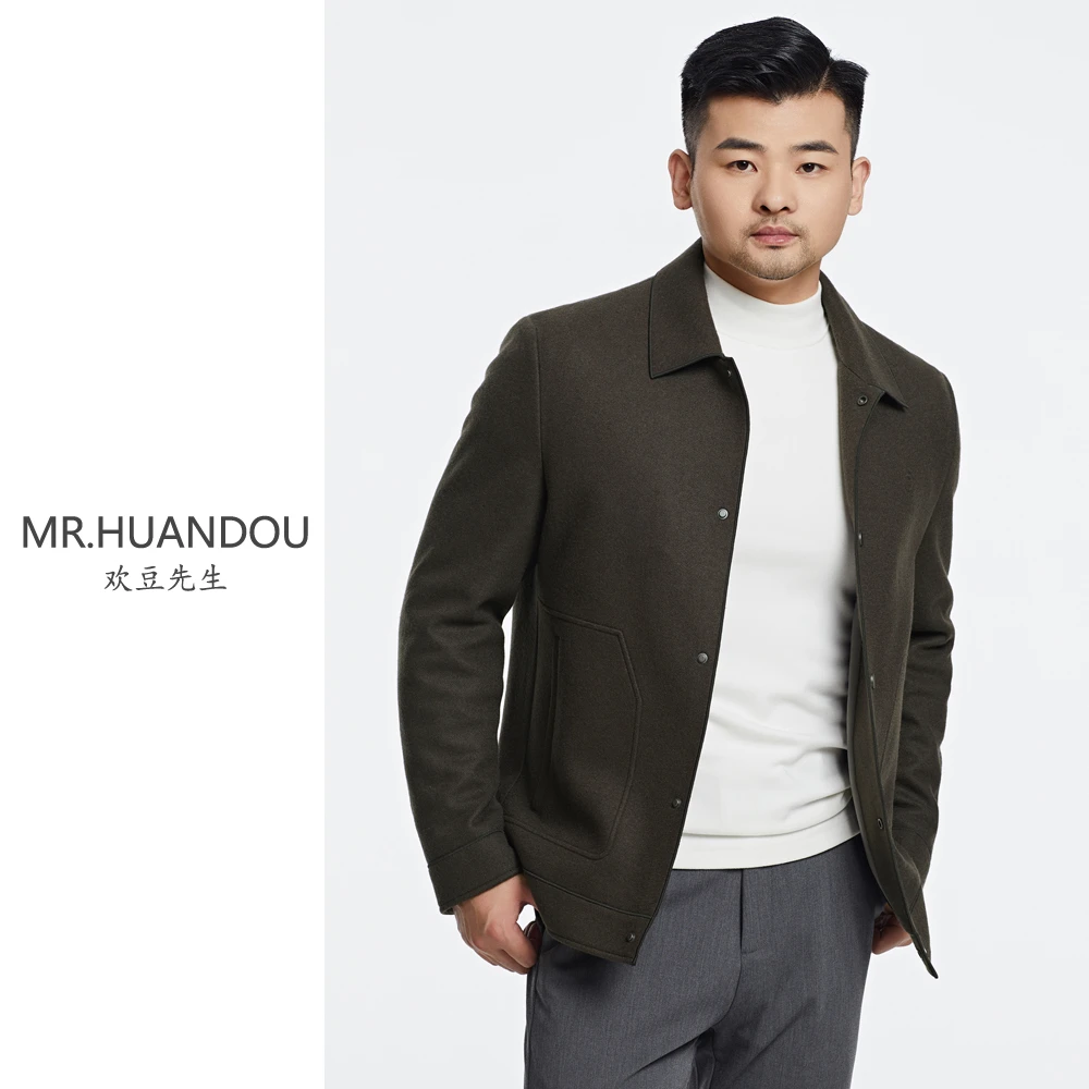 秋冬高档商务休闲翻领羊毛夹克男士毛呢保暖纯色时尚高定短款外套
