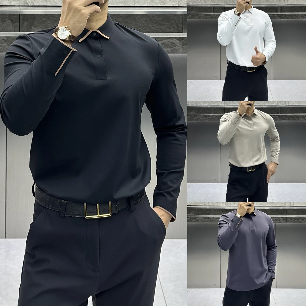 春秋新款商务休闲火山绒撞色长袖polo衫无痕弹力舒适简约百搭T恤