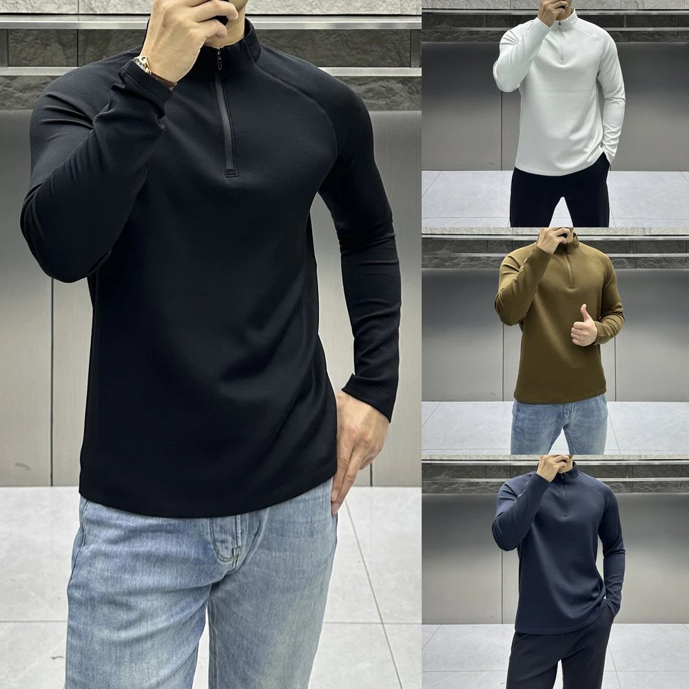 春秋高档山羊绒空气层插肩长袖卫衣男半拉链立领纯色休闲百搭T恤