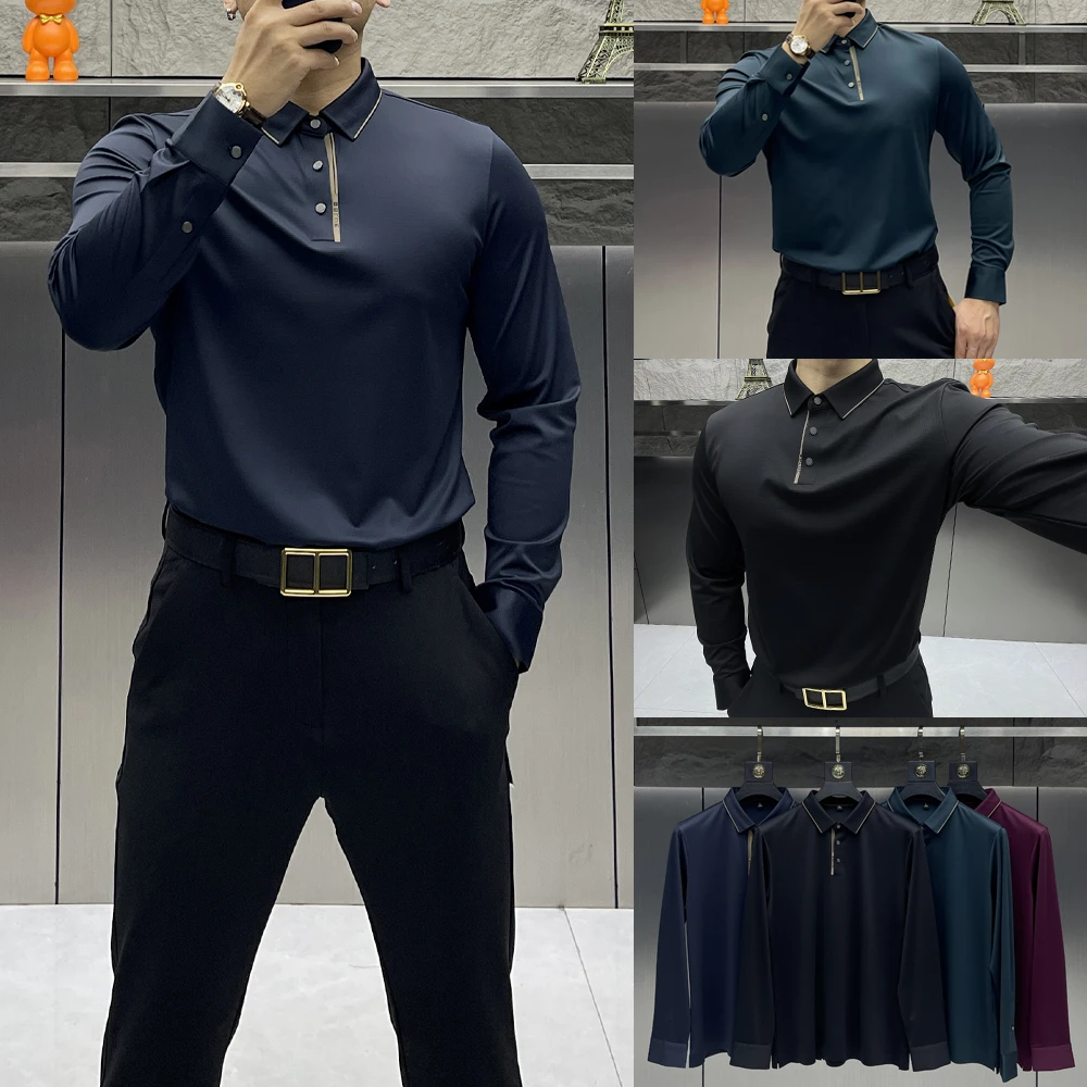 秋装新款商务休闲polo衫男士华夫格纹理锦氨弹力无痕抗皱长袖T恤