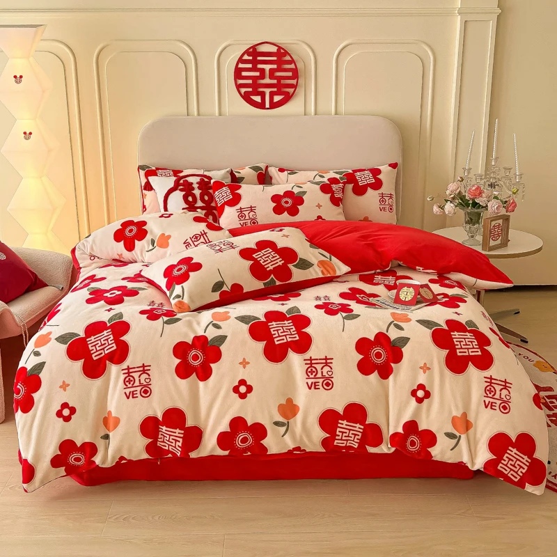 新款牛奶绒四件套时尚加厚加绒双面绒毛绒被套被罩结婚印花婚庆
