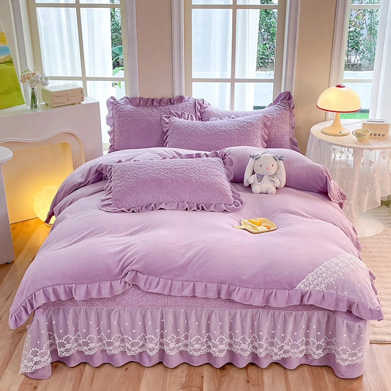韩式双层蕾丝花边牛奶绒夹棉床盖四件套少女心亲肤加厚网红三件套
