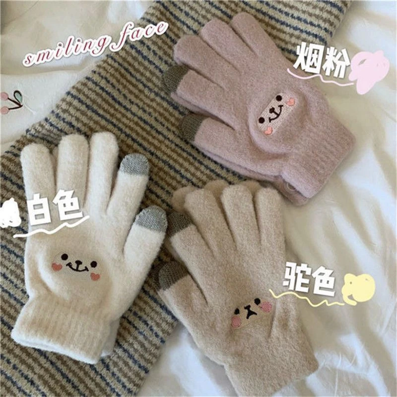 触屏手套冬季手套女保暖手套加厚加绒冬季款防寒保暖防冻可爱笑脸