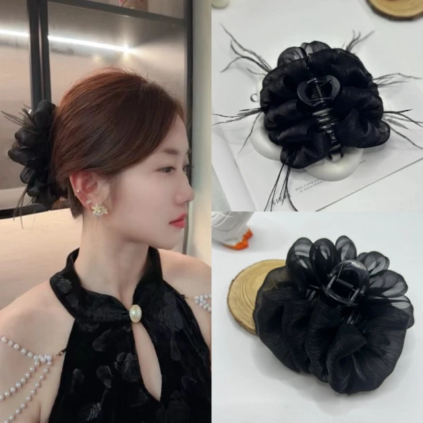 春夏新款超仙头饰蓬松百搭头饰发夹素款优雅黑色发饰感抓夹发卡