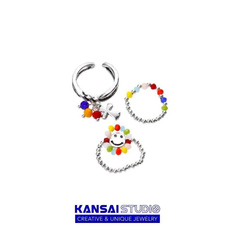 合金戒指 【刊赛】彩珠笑脸戒指三件套甜酷女生指环个性可爱手饰品