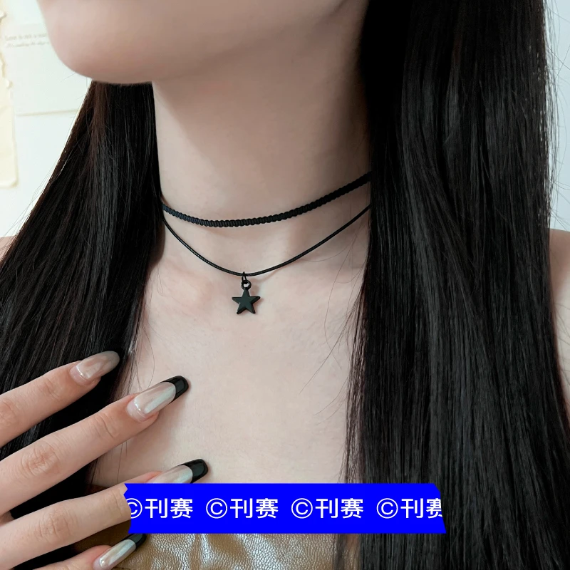 非金属布艺项链 黑色双层叠戴星星项链简约百搭锁骨链学生choker