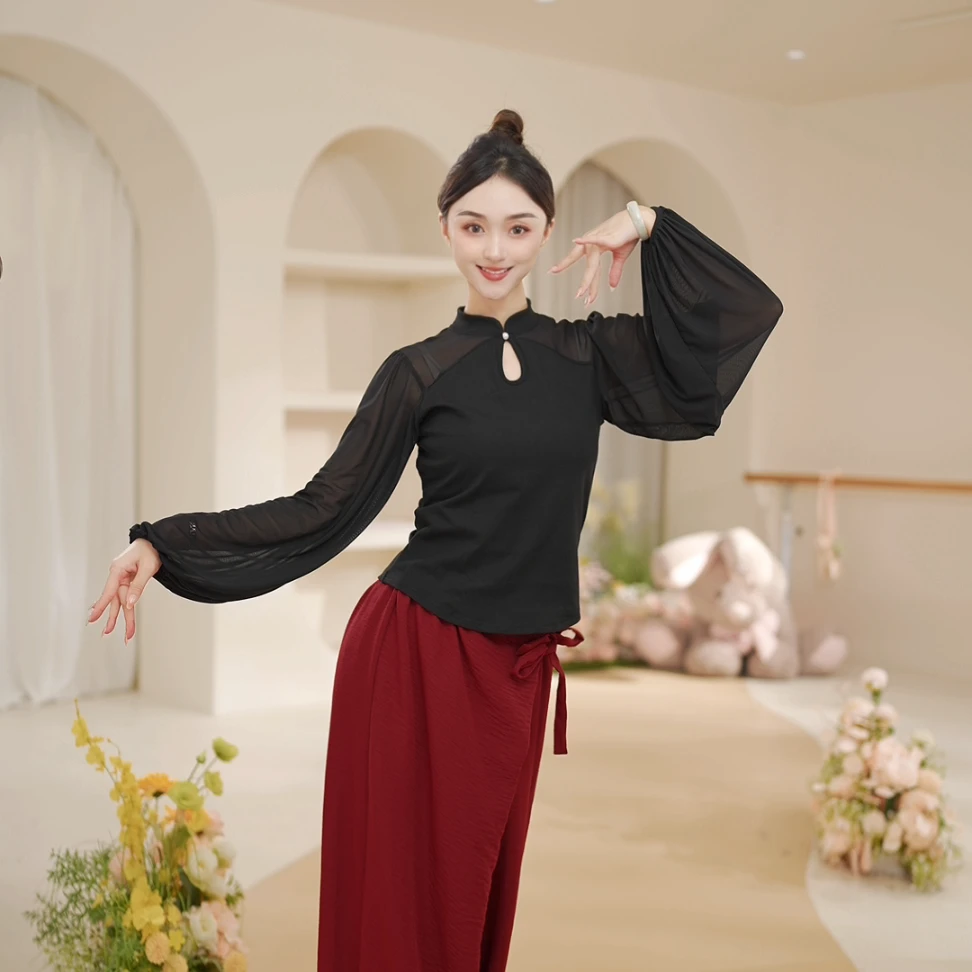 3444 D舞蹈练功服古典舞服装水纱拼接灯笼袖上衣显瘦形体新款