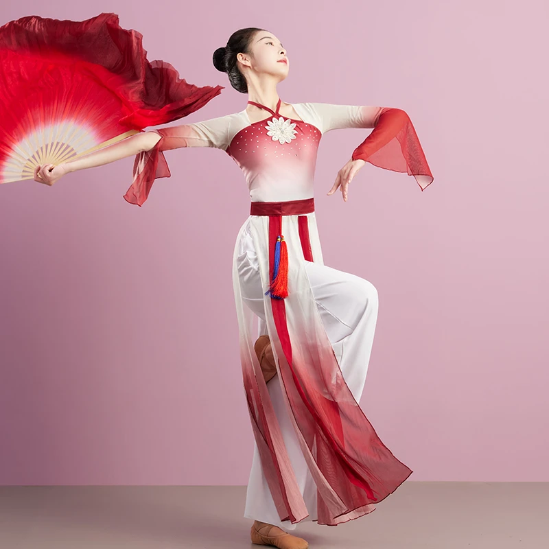 3076 Y古典连体舞裙飘逸练功纱裙表演身韵中国专用长民族上衣汉服