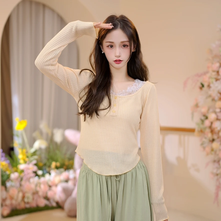 3455 D现代舞蹈服成人女蕾丝拼接针织上衣形体古典教师遮肉显瘦