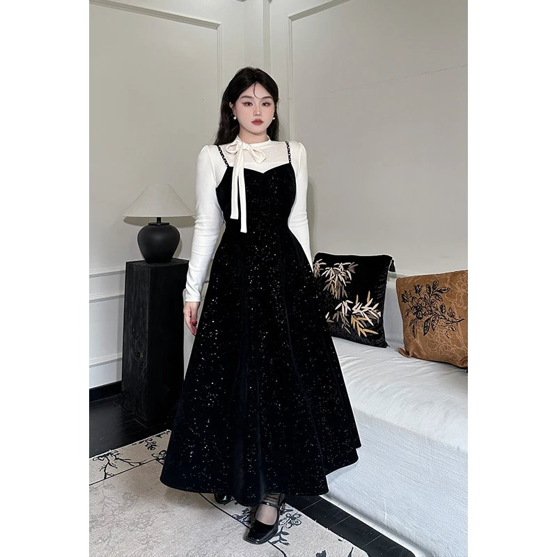 月半鱼【现货】微胖定制赫本风小黑裙显瘦吊带连衣裙小礼服杏色上衣