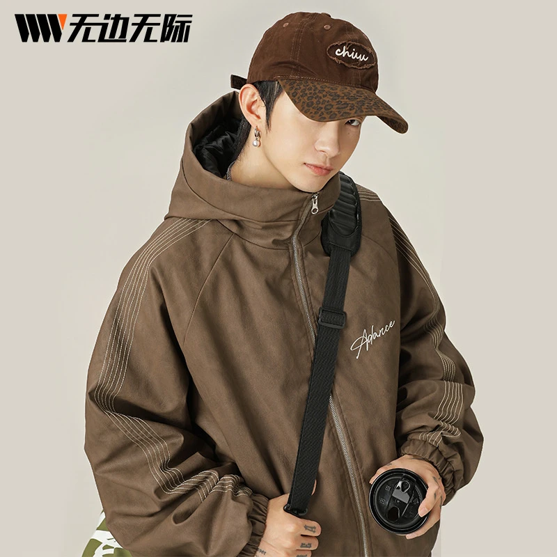 美式复古连帽pu皮夹棉皮衣棉服男女秋冬新款潮牌字母刺绣撞色外套