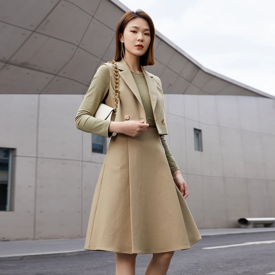 茜舞两件套装女2025时尚马甲+中长款连衣裙【334373】