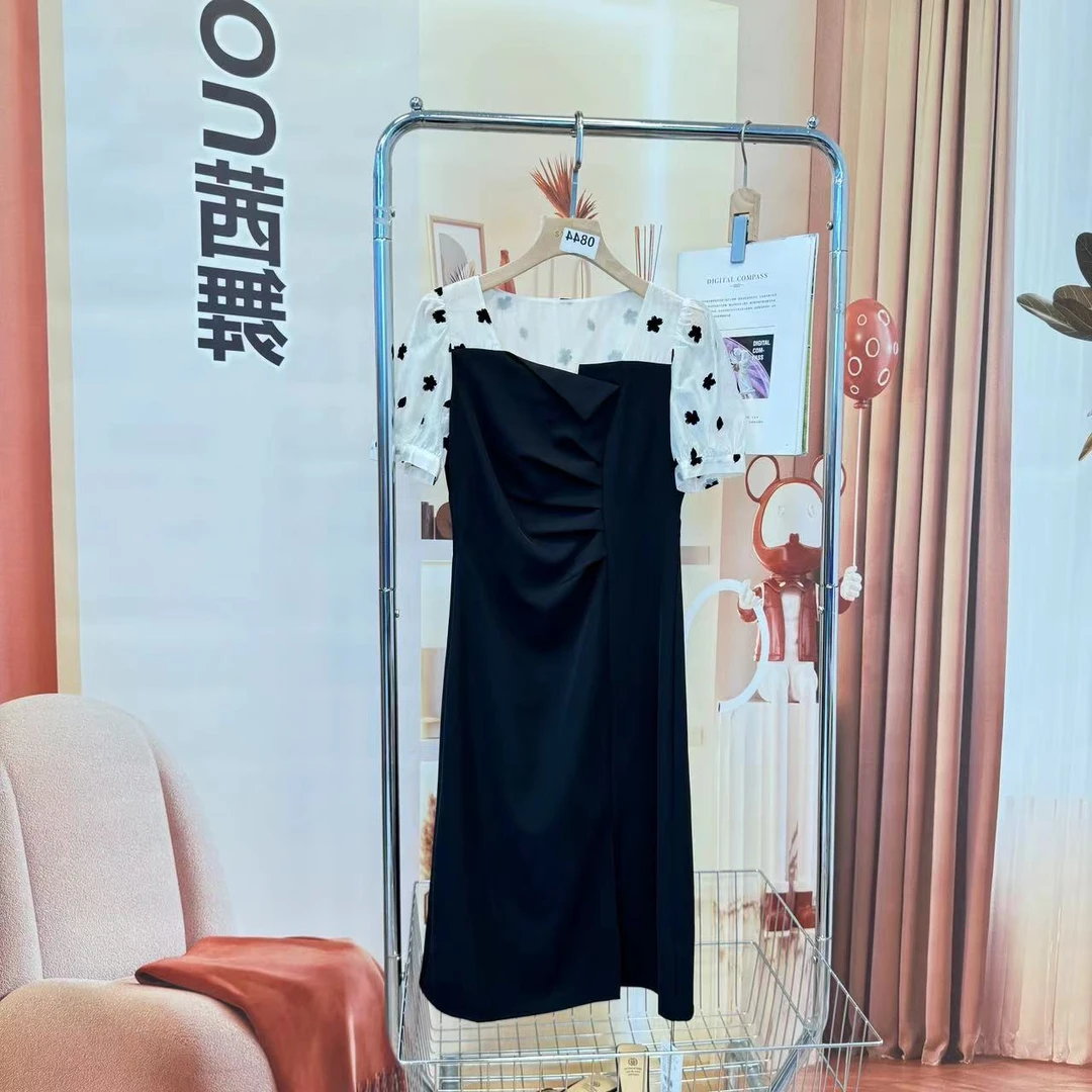 印花连衣裙女2025时尚短袖拼接中长裙【233681】