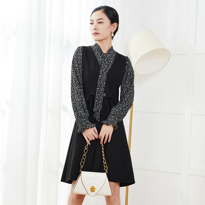 茜舞假两件连衣裙女2025时尚气质碎花拼接中长裙【523253】