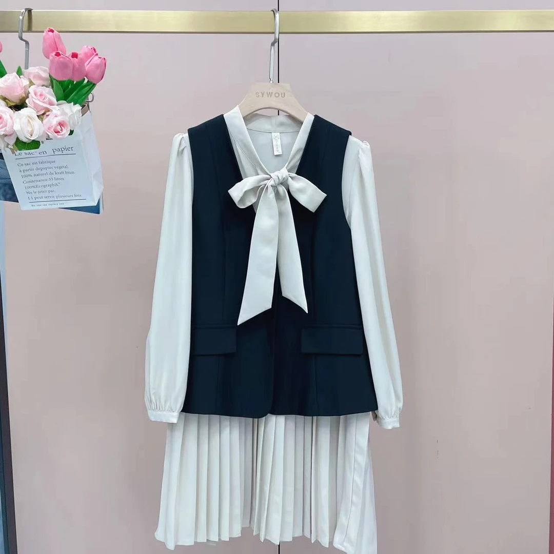 茜舞两件套装女2025时尚马甲外套+百褶连衣裙【124575】