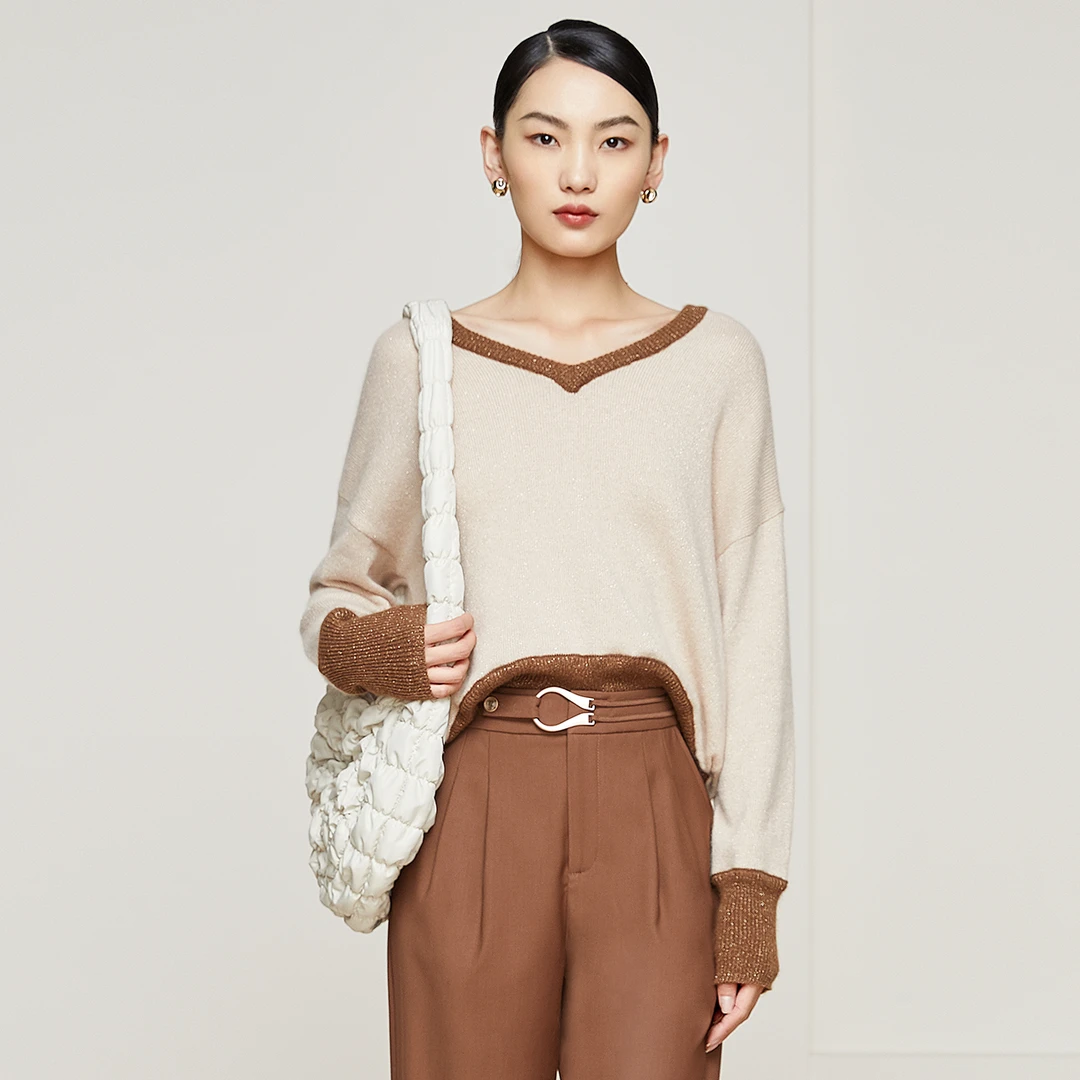 针织衫女2024新款V领撞色百搭上衣【31F055】