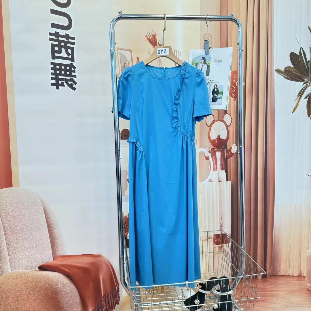 连衣裙女棉2025时尚气质木耳边中长裙【233008】
