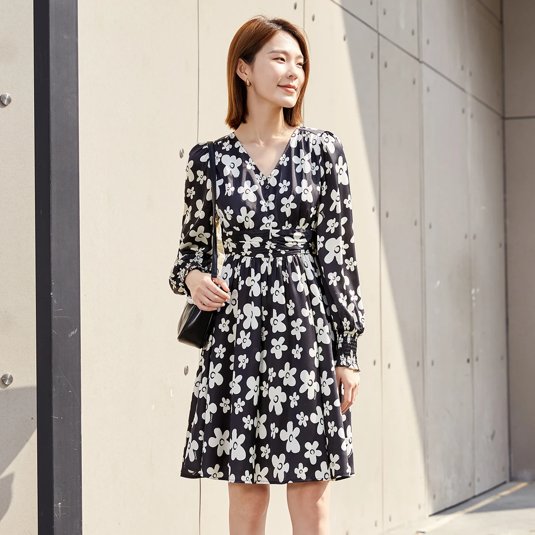 茜舞印花连衣裙女2025时尚V领中长裙【333207】