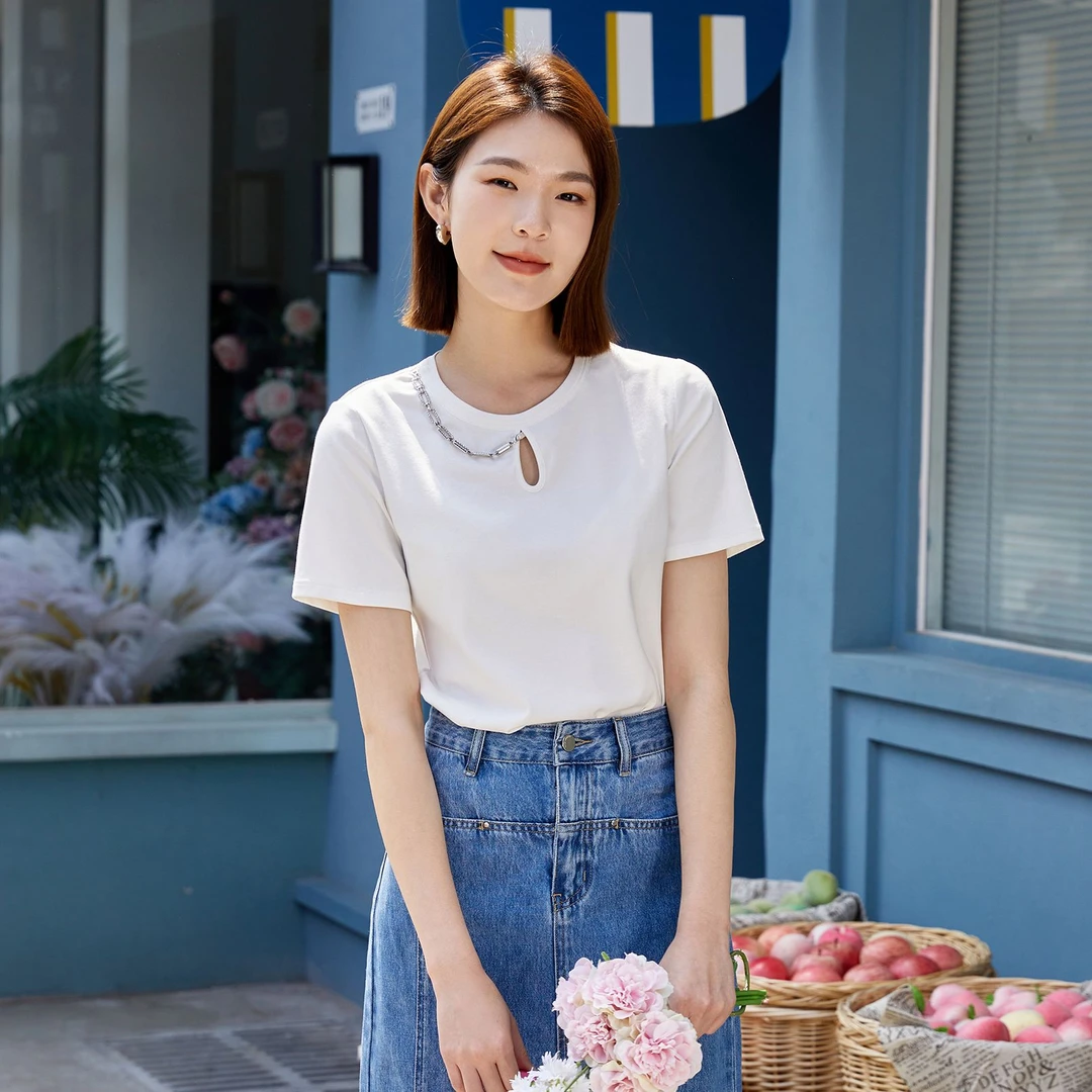 茜舞T恤女棉2025白色简约圆领时尚上衣【33B255】
