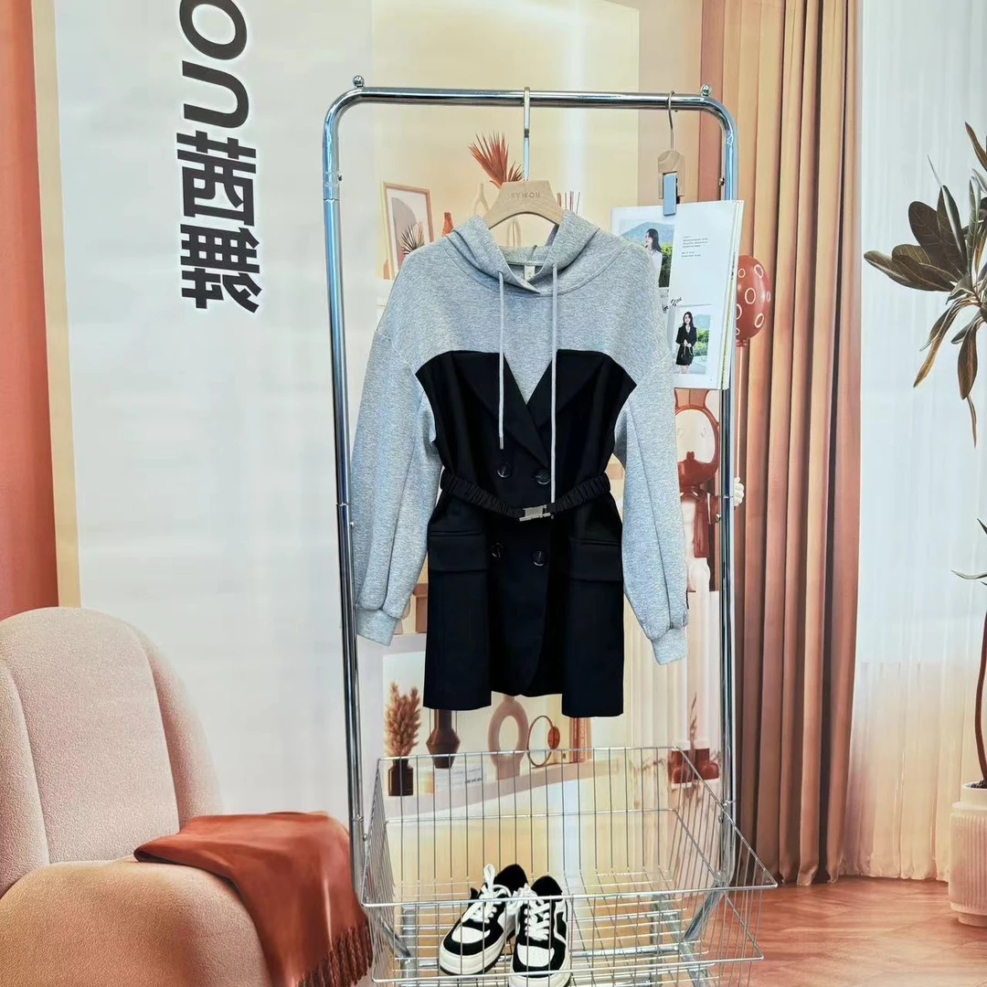 茜舞连帽卫衣女2025时尚百搭中长款拼接上衣【32H223】