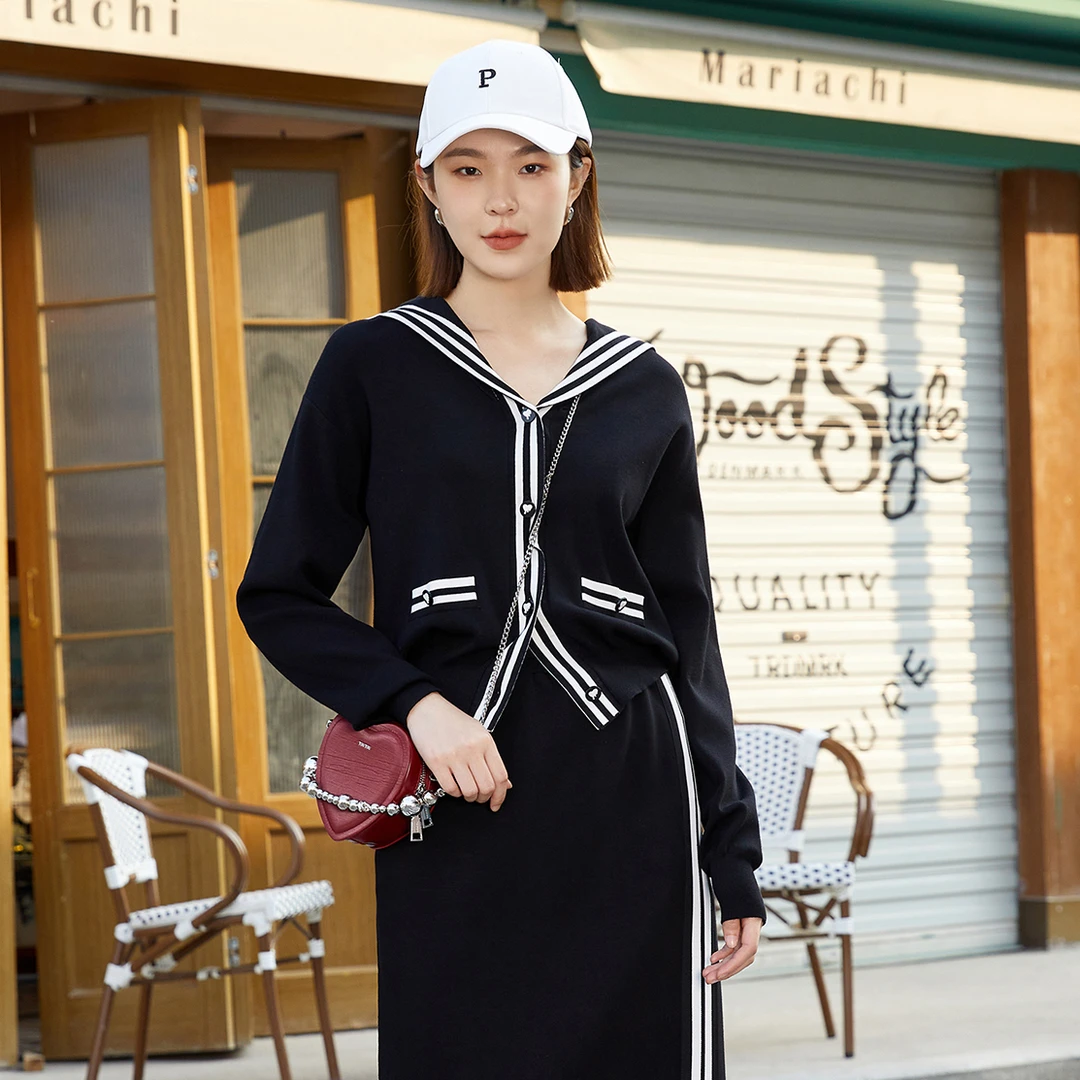 茜舞长袖针织衫毛衣女2025撞色显瘦气质时尚上衣【33F600】