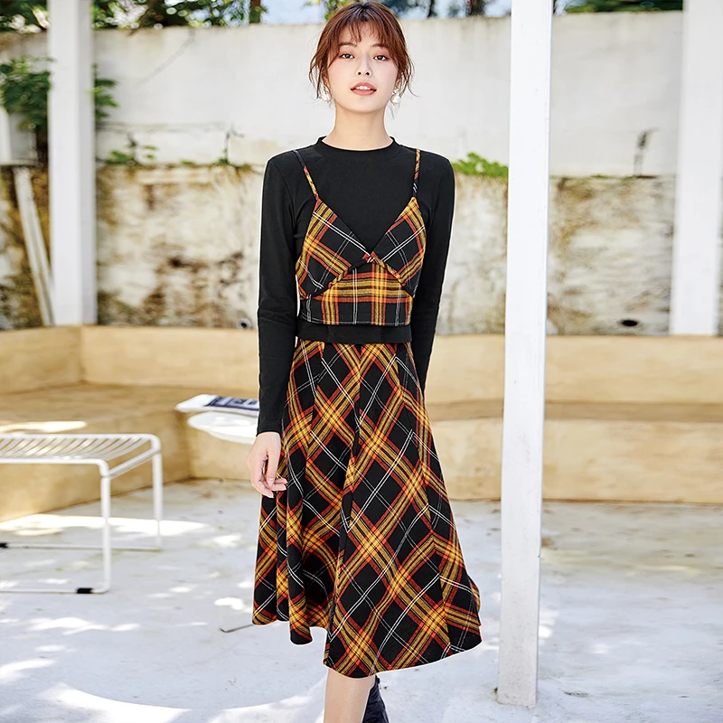 茜舞两件套装女2024格子拼接T恤+棉百褶半身裙【504133】