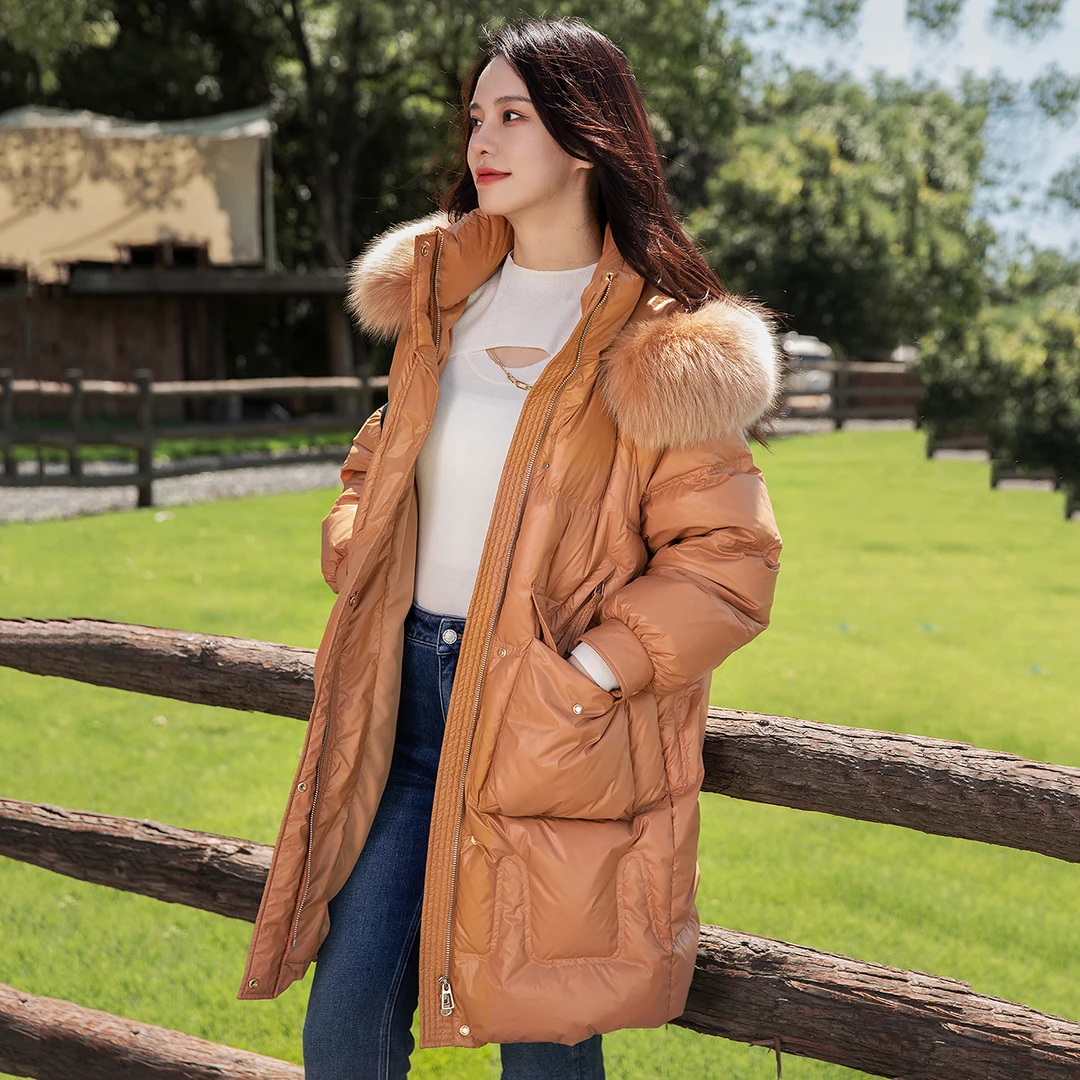 狐狸毛领连帽羽绒服女时尚保暖中长款外套【52W372】