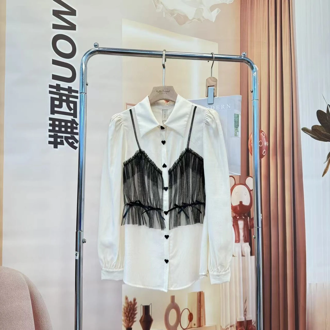 衬衫女2025时尚拼接网纱气质百搭衬衣【32C298】