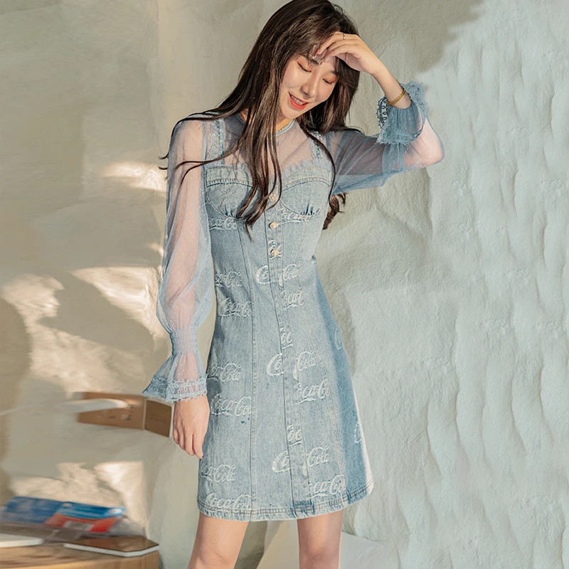 茜舞牛仔拼接连衣裙女2024时尚中长裙【113616】