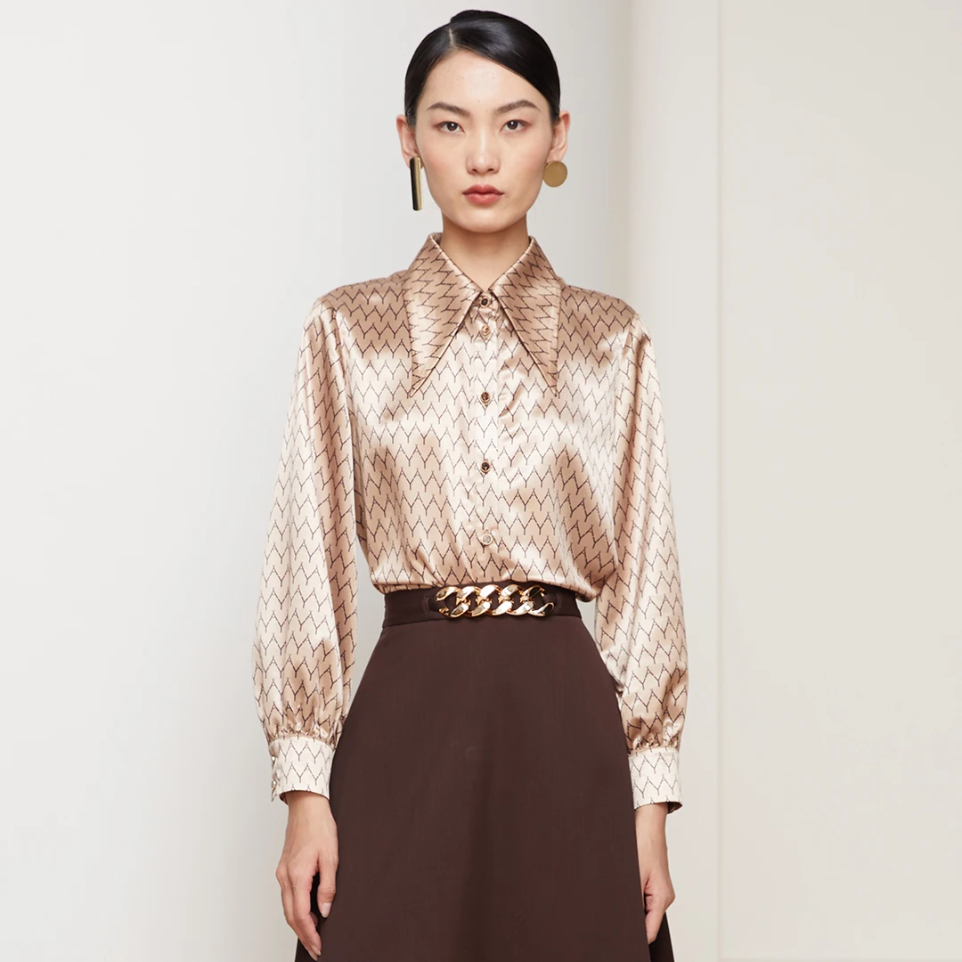 茜舞缎面衬衫女2024时尚百搭人字纹上衣【31C298】