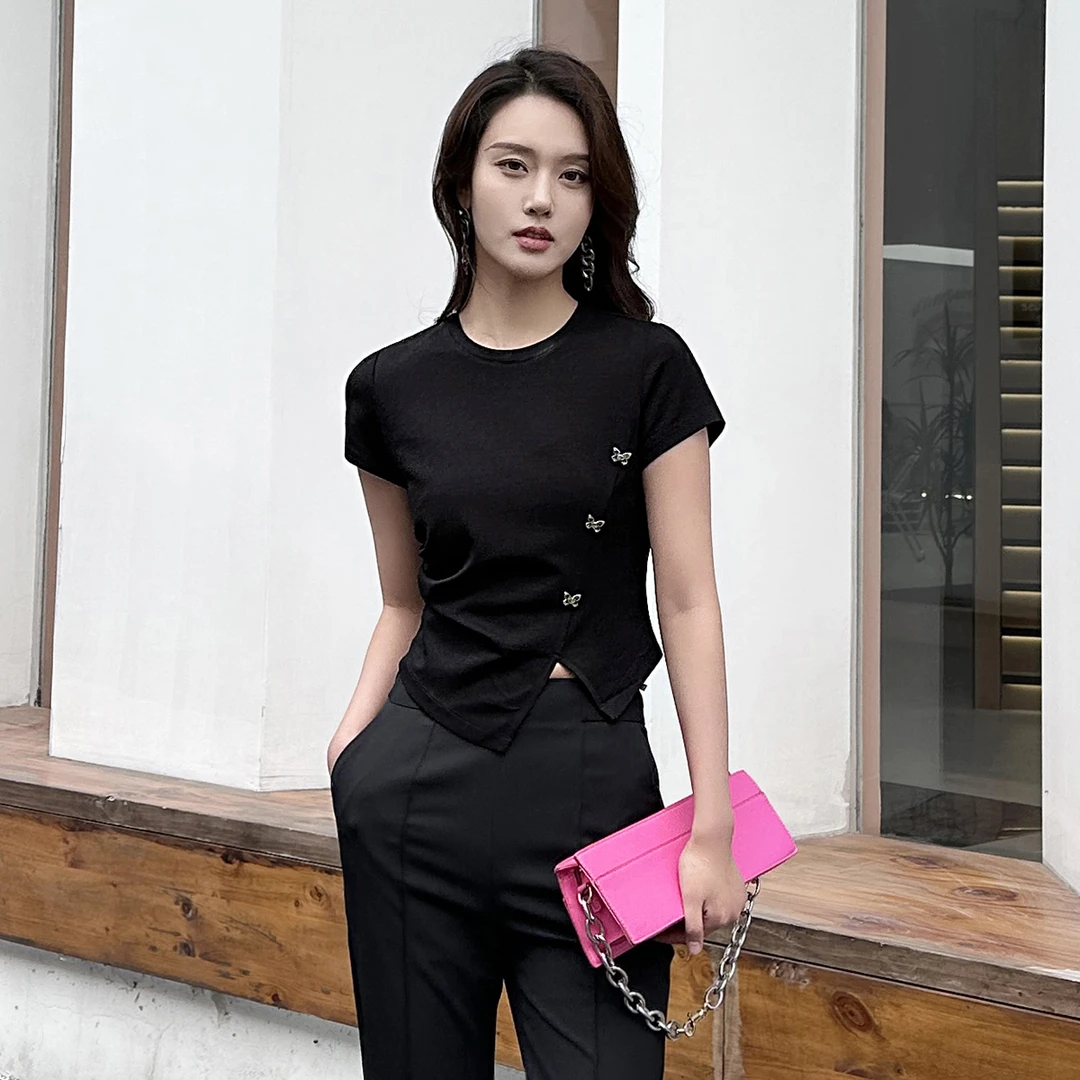 短袖T恤女2025时尚百搭蝴蝶结装饰不规则上衣【23B336】