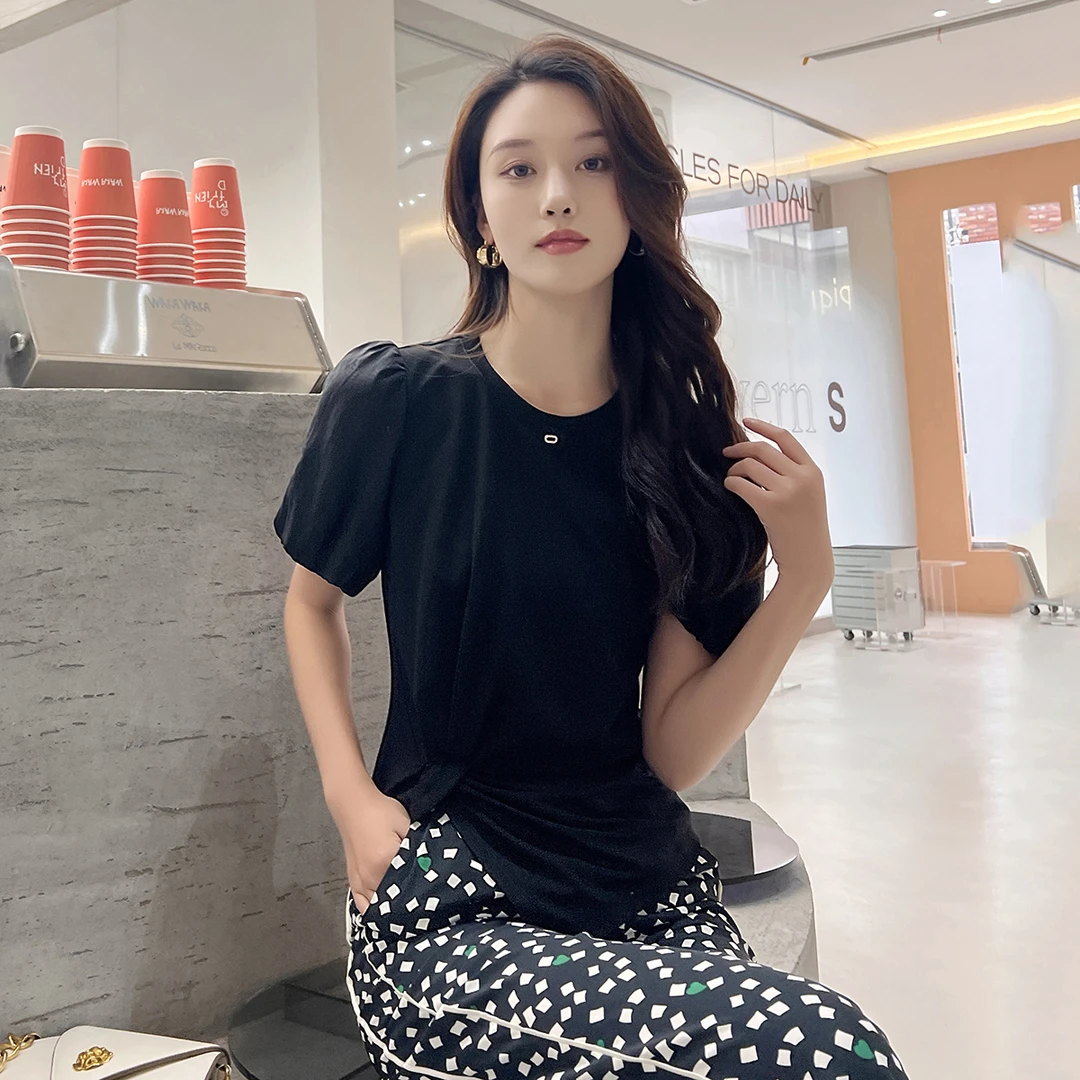 短袖T恤女2025时尚不规则修身褶皱气质百搭上衣【23B637】